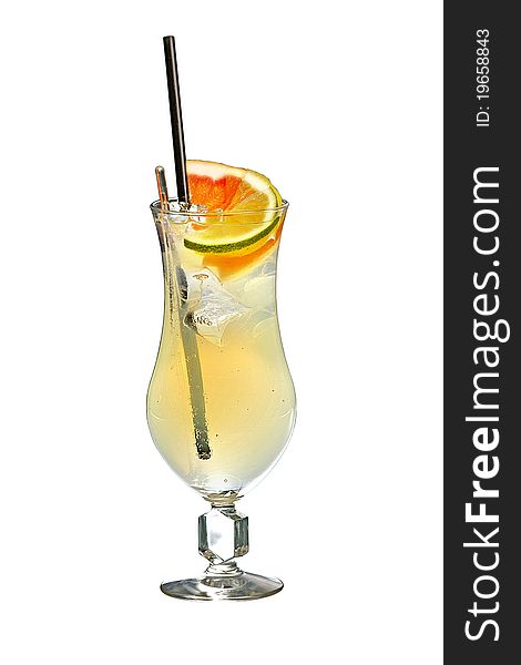 Cold fresh citrus fruit drink on white background