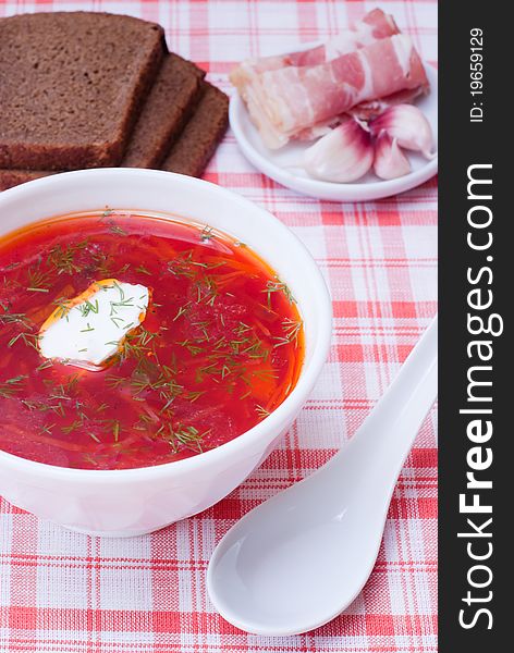 Borscht - beetroot soup, traditional Russian cuisine. Borscht - beetroot soup, traditional Russian cuisine.