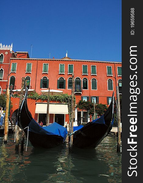 Anchored gondolas at Venice's Grand Canal. Anchored gondolas at Venice's Grand Canal