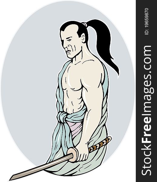 Illustration of a Samurai warrior with katana sword in fighting stance done in cartoon style
