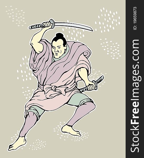 Illustration of a Samurai warrior with katana sword in fighting stance done in cartoon style