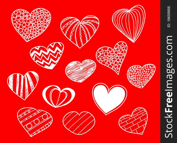 White hand-drawn hearts on red. White hand-drawn hearts on red