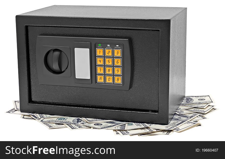 Metal safe is on hundred dollar bill. Isolated on white.