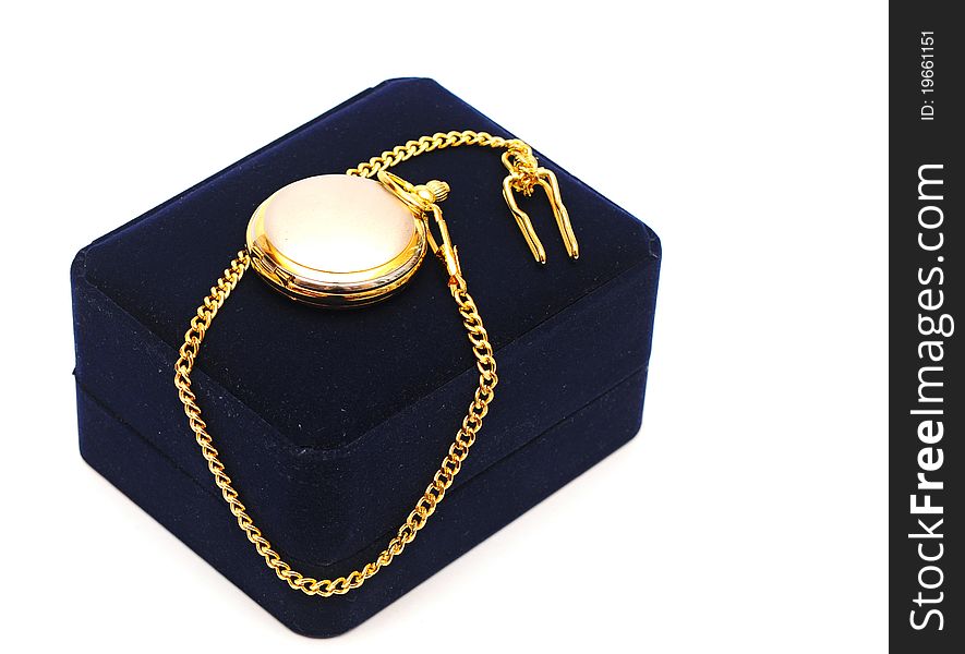 Black box with golden watch pocket on white background