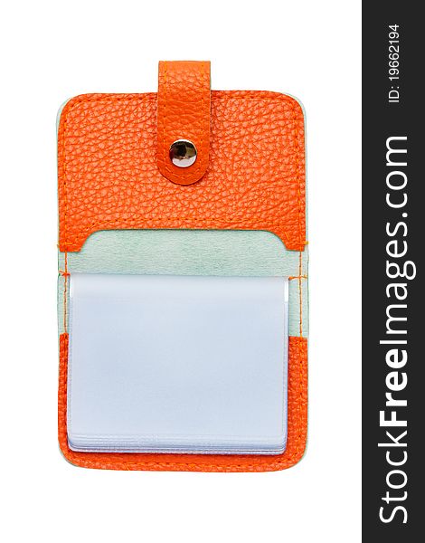 The opened orange card holder bag isolated on the white background