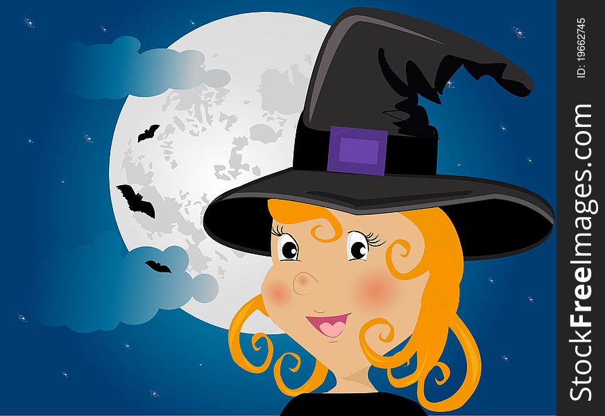Cute girl in halloween costume whit moon and bats