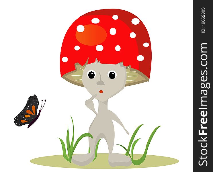 Cartoon mushroom whit butterfy on white