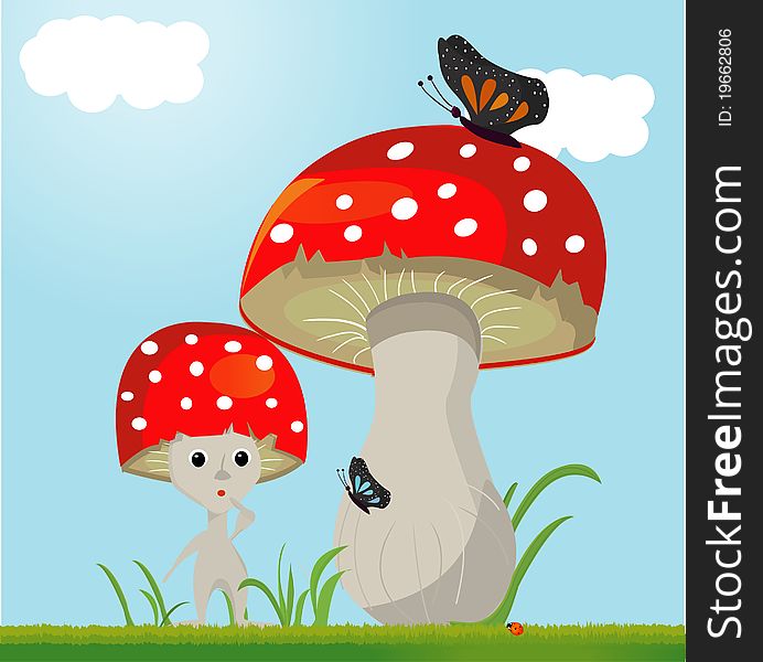 Cartoon cute mushroom whit butterfy
