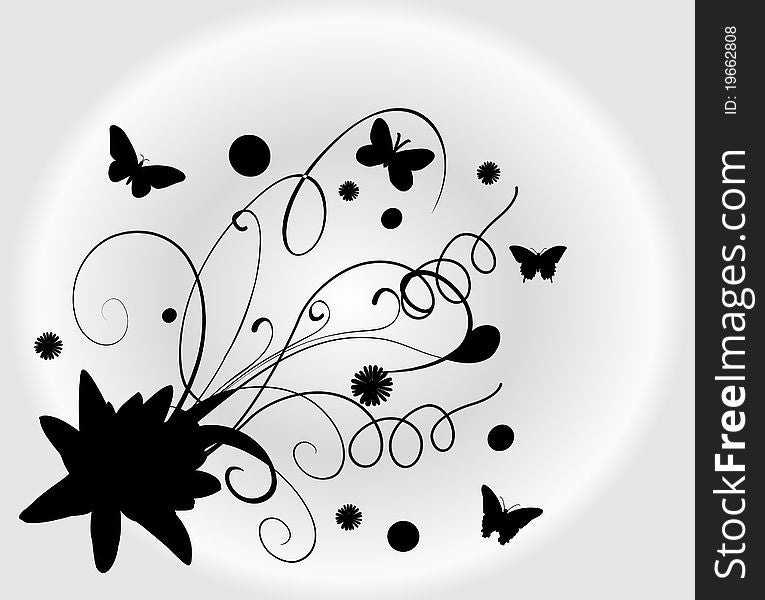 Abstract Floral Silhouette Whit Butterfy,