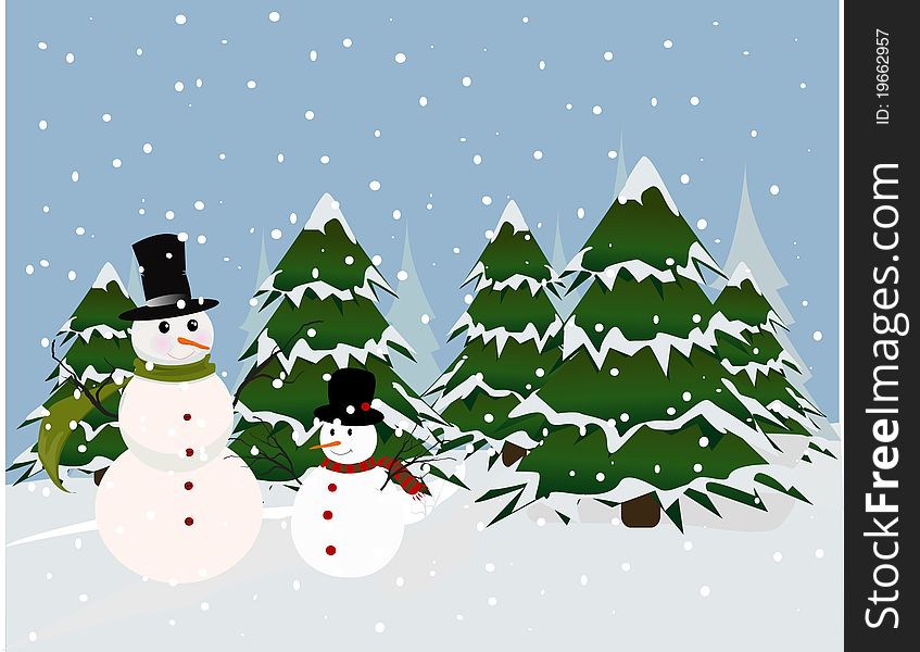 Christmas card, snowman and trees