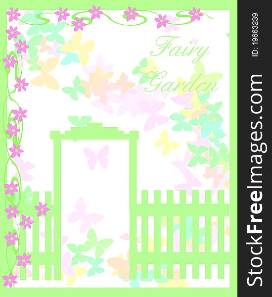 Pastel butterflies and flowers with green archway illustration. Pastel butterflies and flowers with green archway illustration