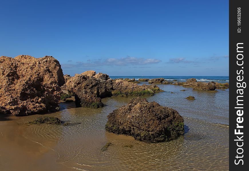 Huge stones and sea. Coast Mediterranean sea,Netanya, Israel