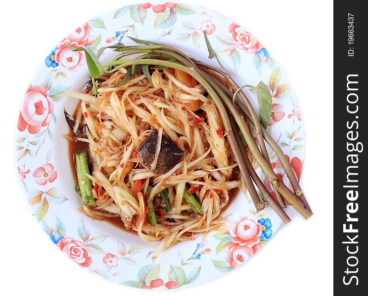 Thai spicy salad(somtam) on white background