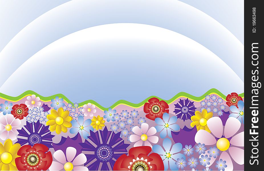 Stylized meadow with different colors flovers, blue sky. Stylized meadow with different colors flovers, blue sky