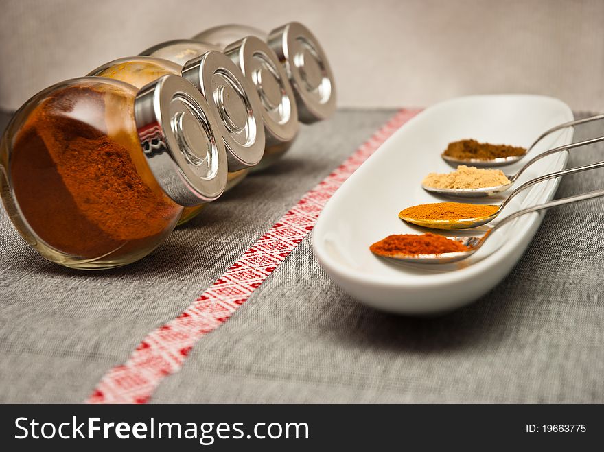 Spices In Spoon On The Tray