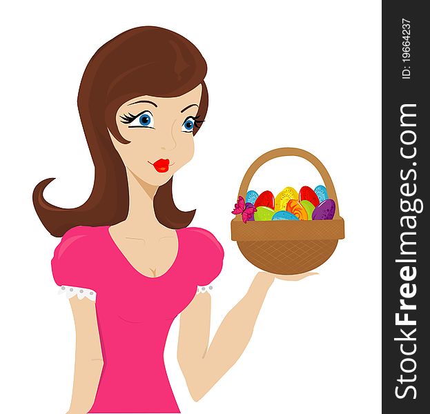 Beautiful girl with basket of paschal eggs. Happy easter.