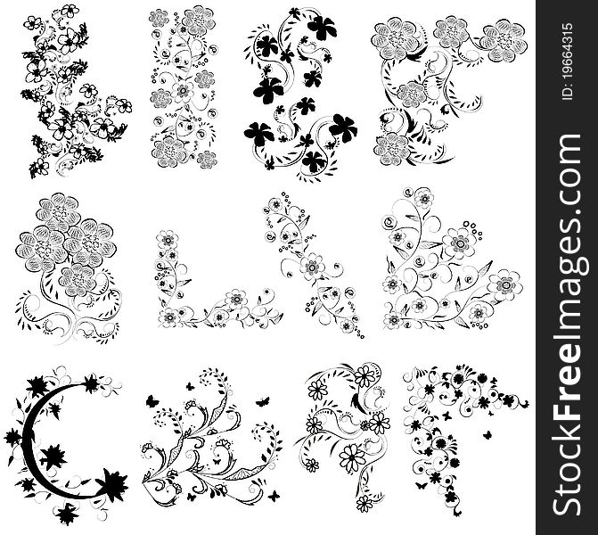 Black and white flowers angle set. Black and white flowers angle set