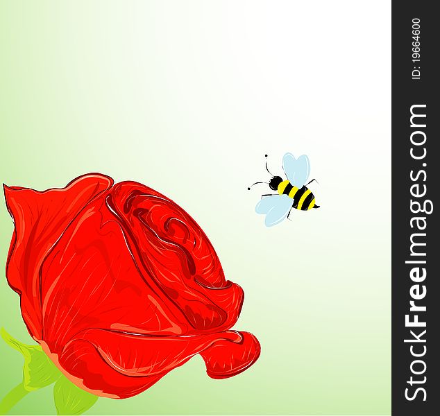 Red roses background whit bee