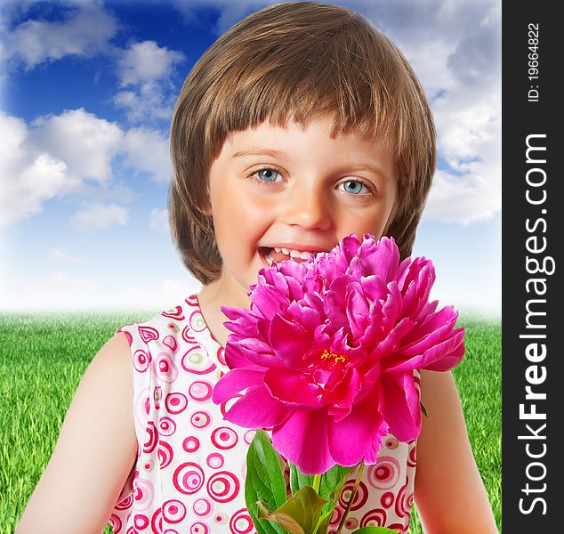 Little girl with peony flower isolated on white background. Little girl with peony flower isolated on white background