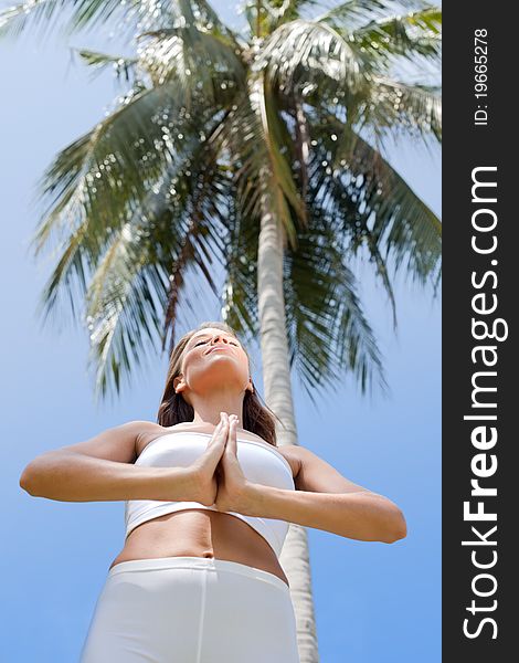 Young slim and strong woman doing yoga against palm tree. Young slim and strong woman doing yoga against palm tree