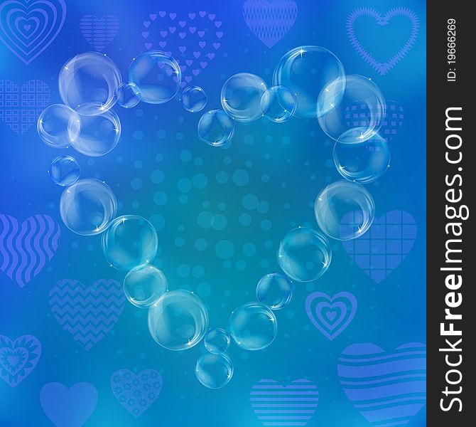 Abstract background, valentine heart from transparent bubbles on the blue. Abstract background, valentine heart from transparent bubbles on the blue