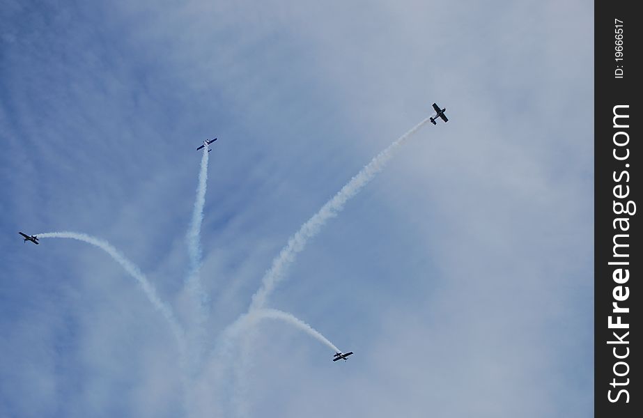 Formation of four aircraft air show flying apart. Formation of four aircraft air show flying apart