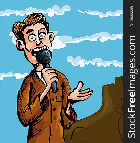 Cartoon reporter with a microphone. Sky and clouds behind. Cartoon reporter with a microphone. Sky and clouds behind