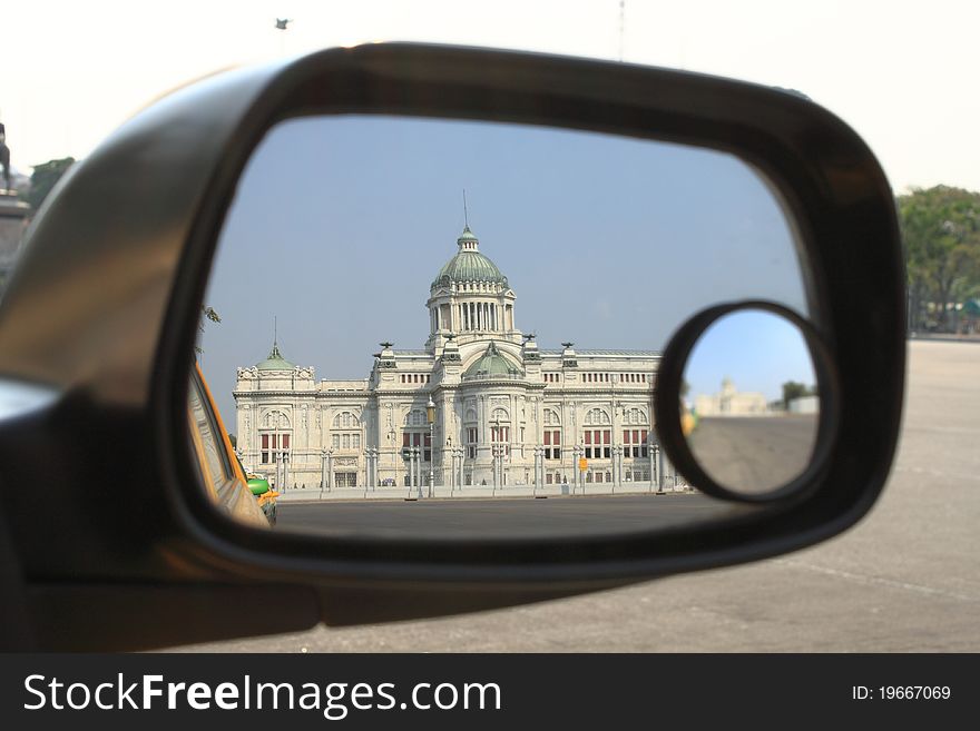Throne Hall in Bangkok photos from the side view mirror of a car. Throne Hall in Bangkok photos from the side view mirror of a car