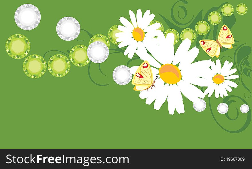 Floral banner with chamomiles and butterflies. Illustration