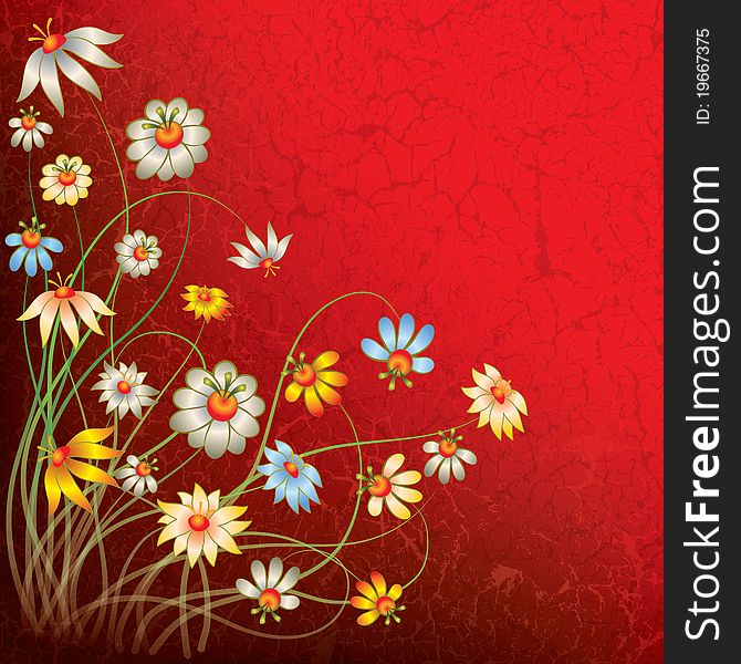 Abstract grunge red floral background with flowers. Abstract grunge red floral background with flowers
