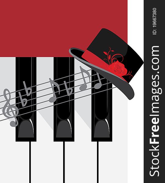 Piano keys and female hat. Illustration