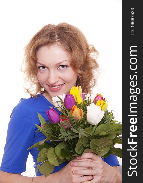 Beautiful happy woman with flowers isolated. Beautiful happy woman with flowers isolated