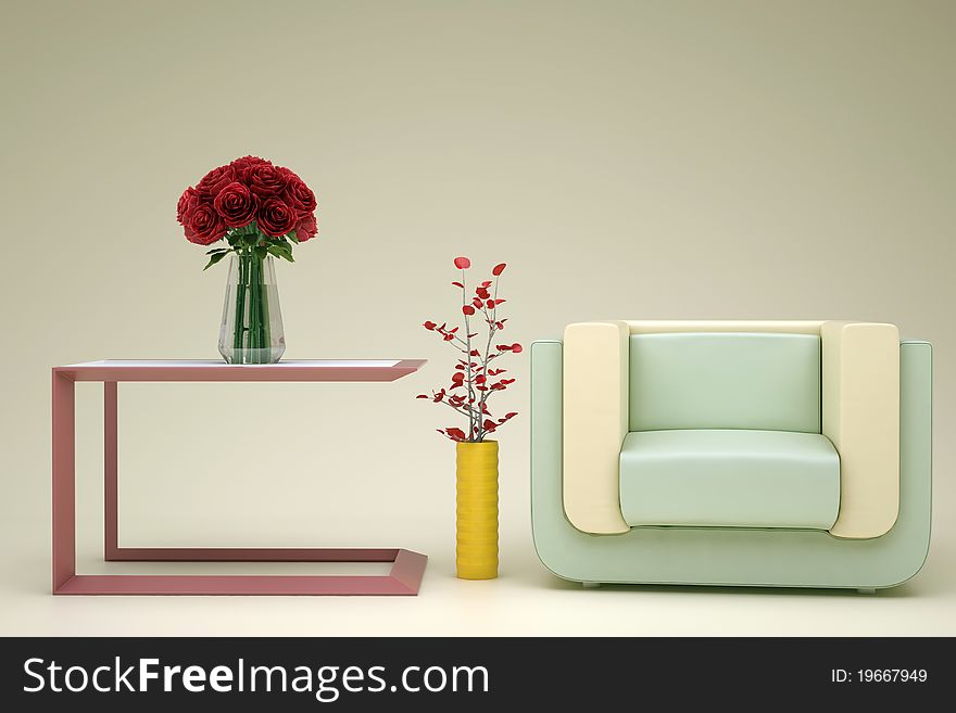 Beige green armchair in the room with flowers