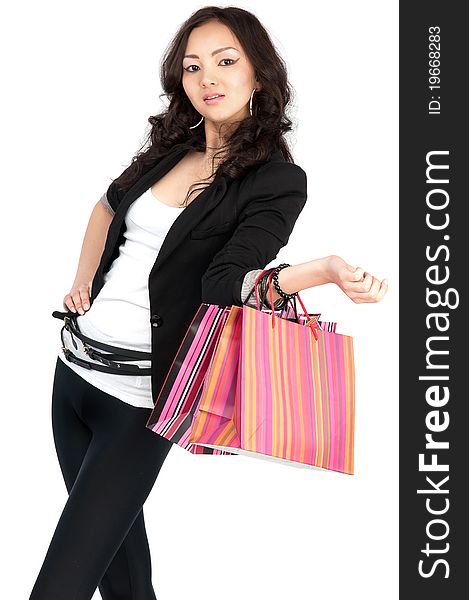 Asiatic Young Women With Shopping Bags, Isolated