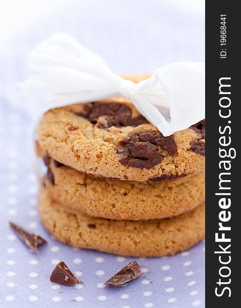 Fresh cookies with chocolate and ribbon