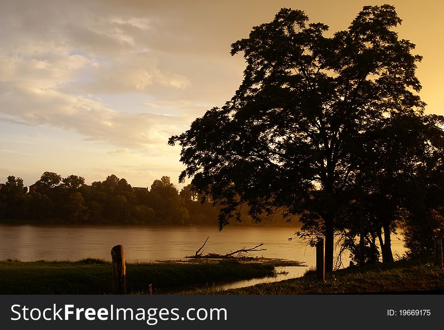 Sunset over riverside - silhouette of Tree, Ontario, Canada. Sunset over riverside - silhouette of Tree, Ontario, Canada