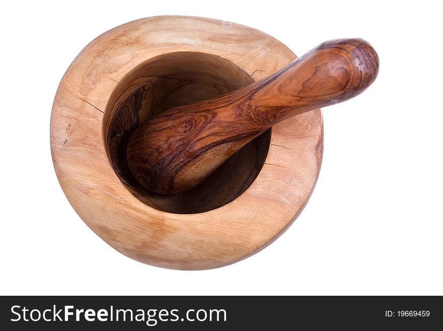 Wooden mortar and pestle isolated on white