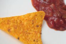Single Chip With Tomato Sauce Royalty Free Stock Image Single Chip With Tomato Sauce Royalty Free Stock Image