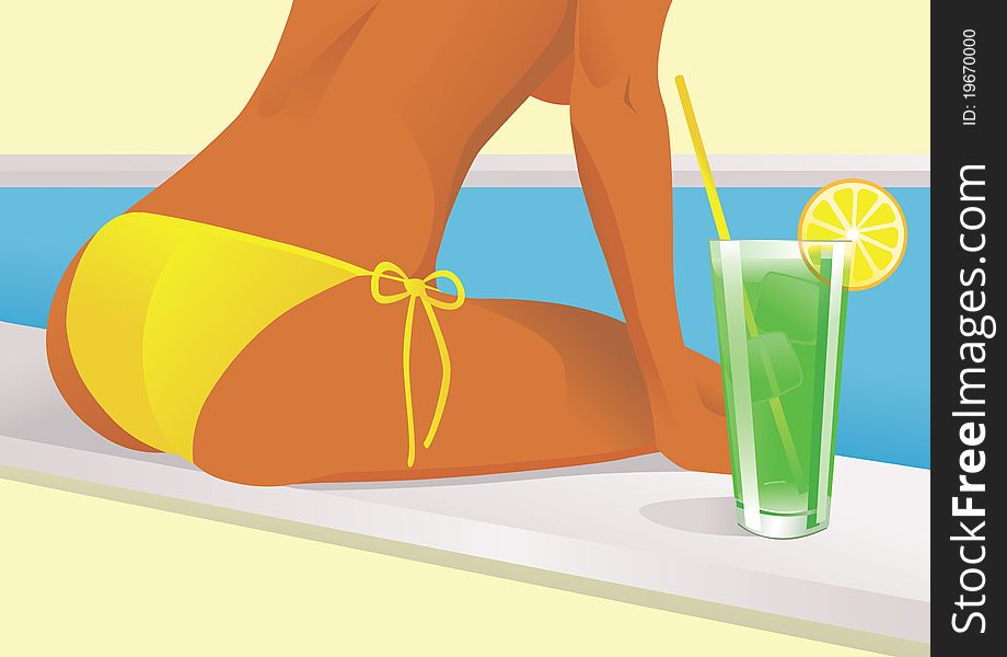 A illustration of a girl sitting by the swimming pool with a drink. A illustration of a girl sitting by the swimming pool with a drink.