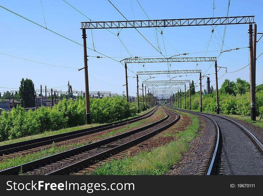 Railway a track with electric wires. Railway a track with electric wires.