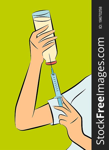 Syringe in hand. Vertically placed.illustration for a design
