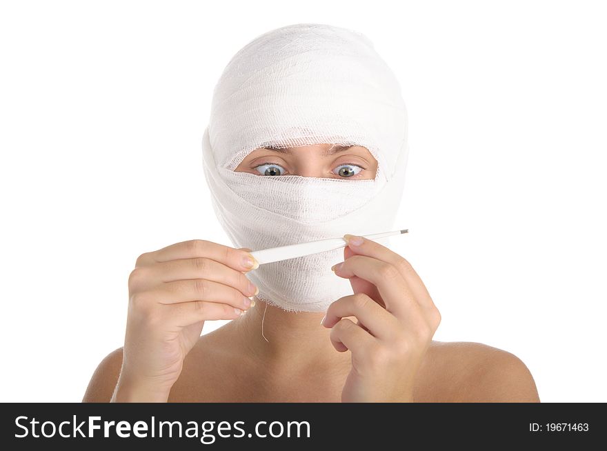 Woman With Bandaged Head And Thermometer