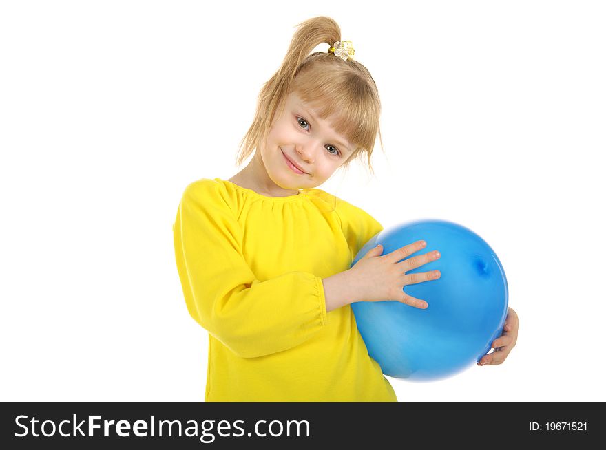 Little girl with blue ball it is isolated on the white