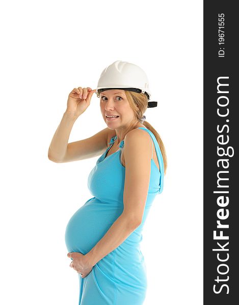 Astonished pregnant woman in helmet isolated on white
