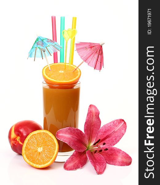 Fruit and juice on a white background