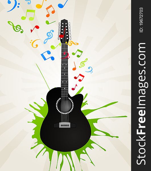 Notes take off from a guitar. A illustration. Notes take off from a guitar. A illustration