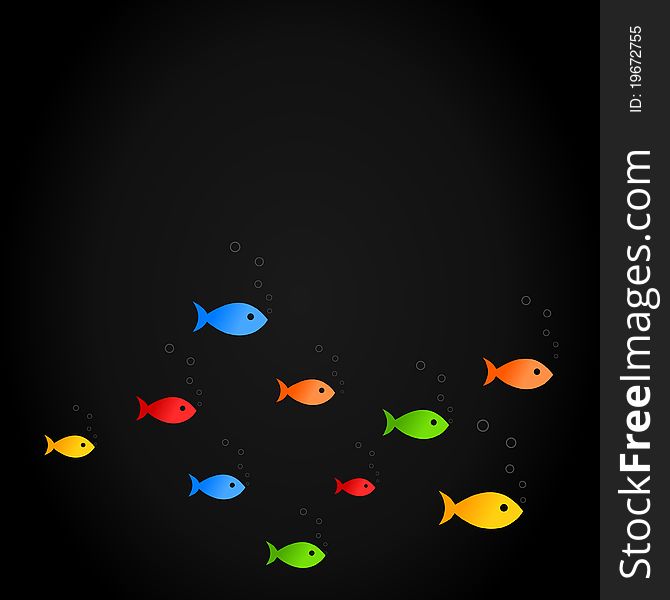 Fishes float on a black background. A illustration. Fishes float on a black background. A illustration