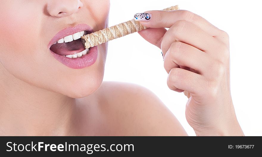 Close up photo of a women with biscuit. Close up photo of a women with biscuit