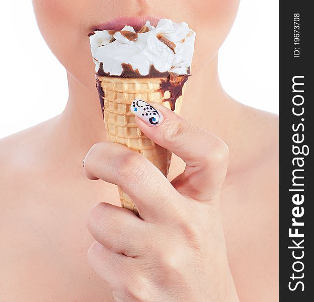 Close up photo of a women with ice cream. Close up photo of a women with ice cream