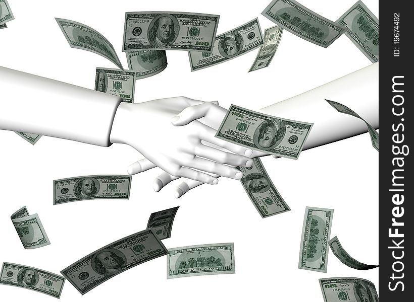 3d Commercial transaction - shaking hands, money falling. 3d Commercial transaction - shaking hands, money falling